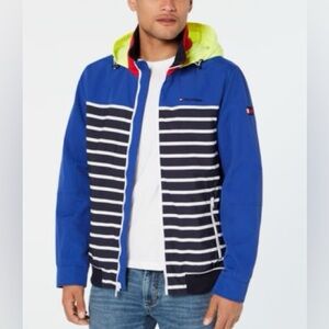 Tommy Hilfiger Men's Blue and Navy Striped invisible hooded Jacket size XL